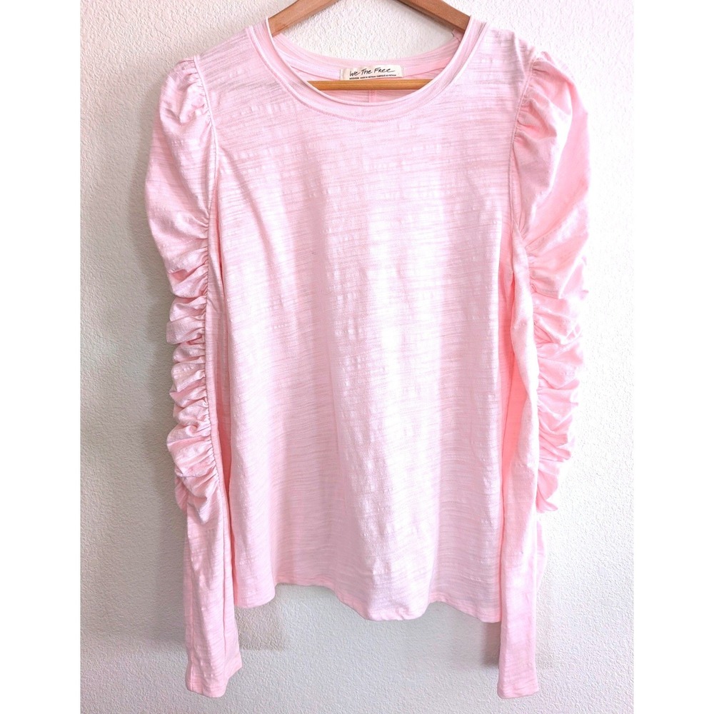 We The Free Free People Pink Ruched Puff Sleeve Slub Knit Top Womens Medium